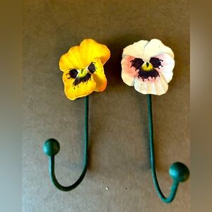 New White and Yellow Pansies Metal Set of Two Wall Hooks Flowers garden decor